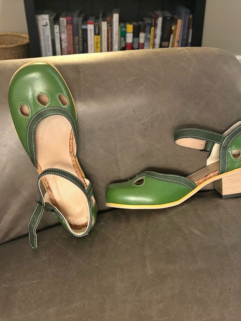 Green Leather Mary Jane Block Heel with Cutout Details